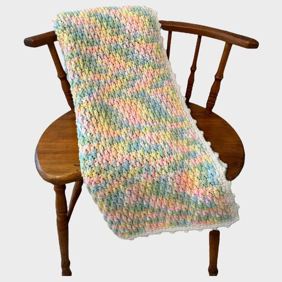 Handmade Crochet Baby Blanket Pastel Colors Green Blue Pink Yellow 32" x 38" - Picture 1 of 5